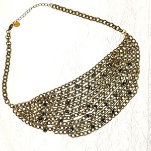 Gold-tone Bronze Bib Necklace Choker Chainmail Link Iridescent Black Rhinestones